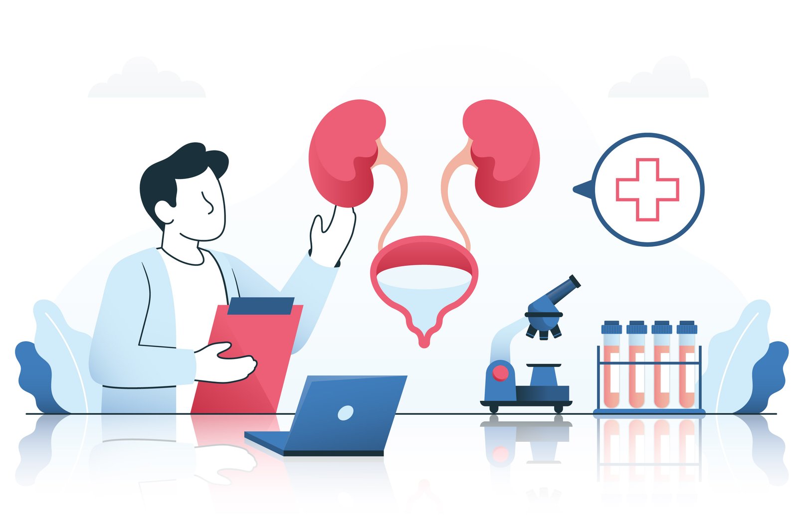 Ilustração de médico analisando rins e bexiga em consulta de check up urológico, com ícones de exames laboratoriais e equipamentos médicos.
